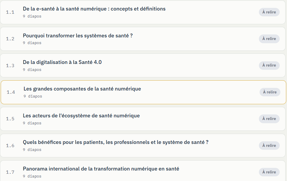 Liste des sous-modules du module 1 à relire par le professeur